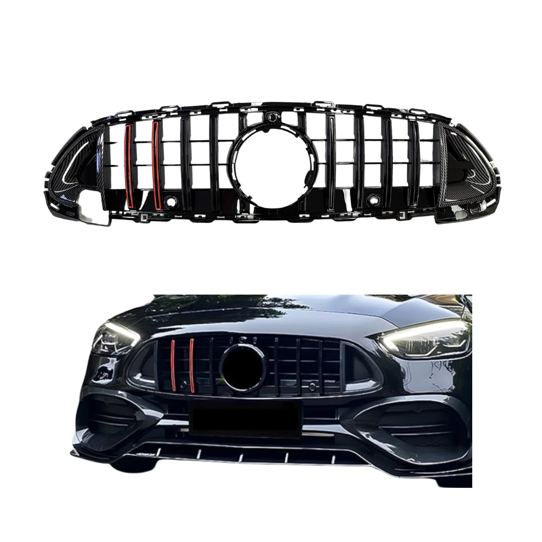 Mercedes C Klasse W206, S206 (2021+) B-Look Grill Glans Zwart/Carbon, Rood Accent