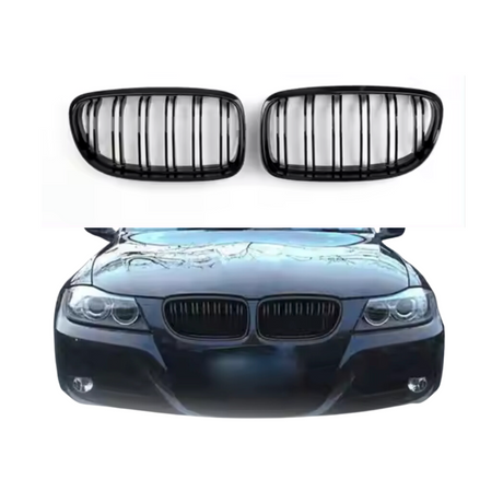 Dubbel Spijl Grill compatibel met BMW 3 Serie E90&E91 (2008-2013) Glans Zwart – afbeelding 1