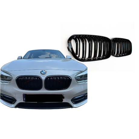 Dubbel Spijl Grill compatibel met BMW 1 Serie F20&F21 (2015-2019) Glans Zwart – afbeelding 1
